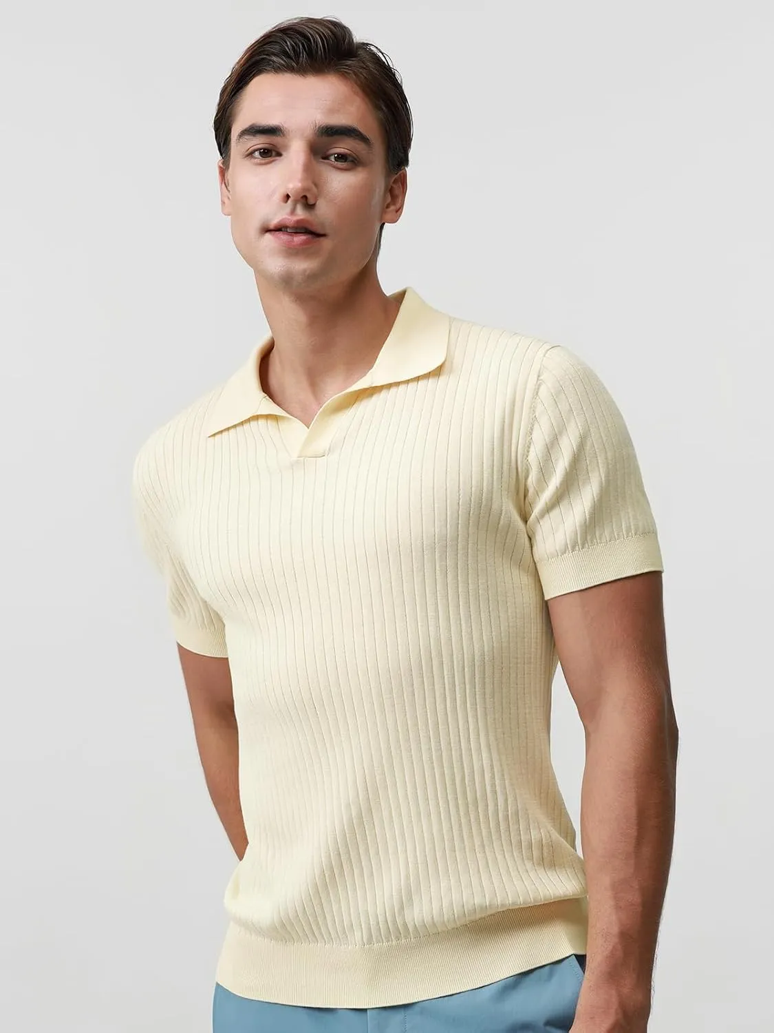 Pure BCI Cotton Short Sleeve Polo Shirts for Men Johnny Collar Sweater High Twist Ribbed Knit Buttonless Top