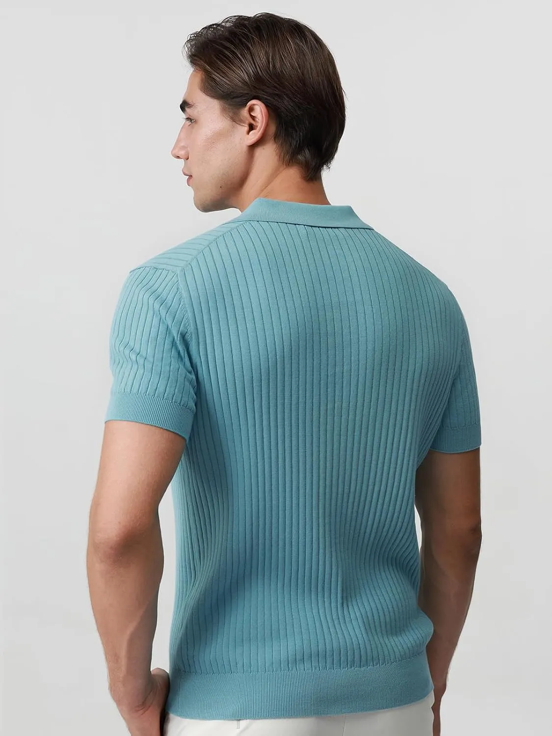 Pure BCI Cotton Short Sleeve Polo Shirts for Men Johnny Collar Sweater High Twist Ribbed Knit Buttonless Top