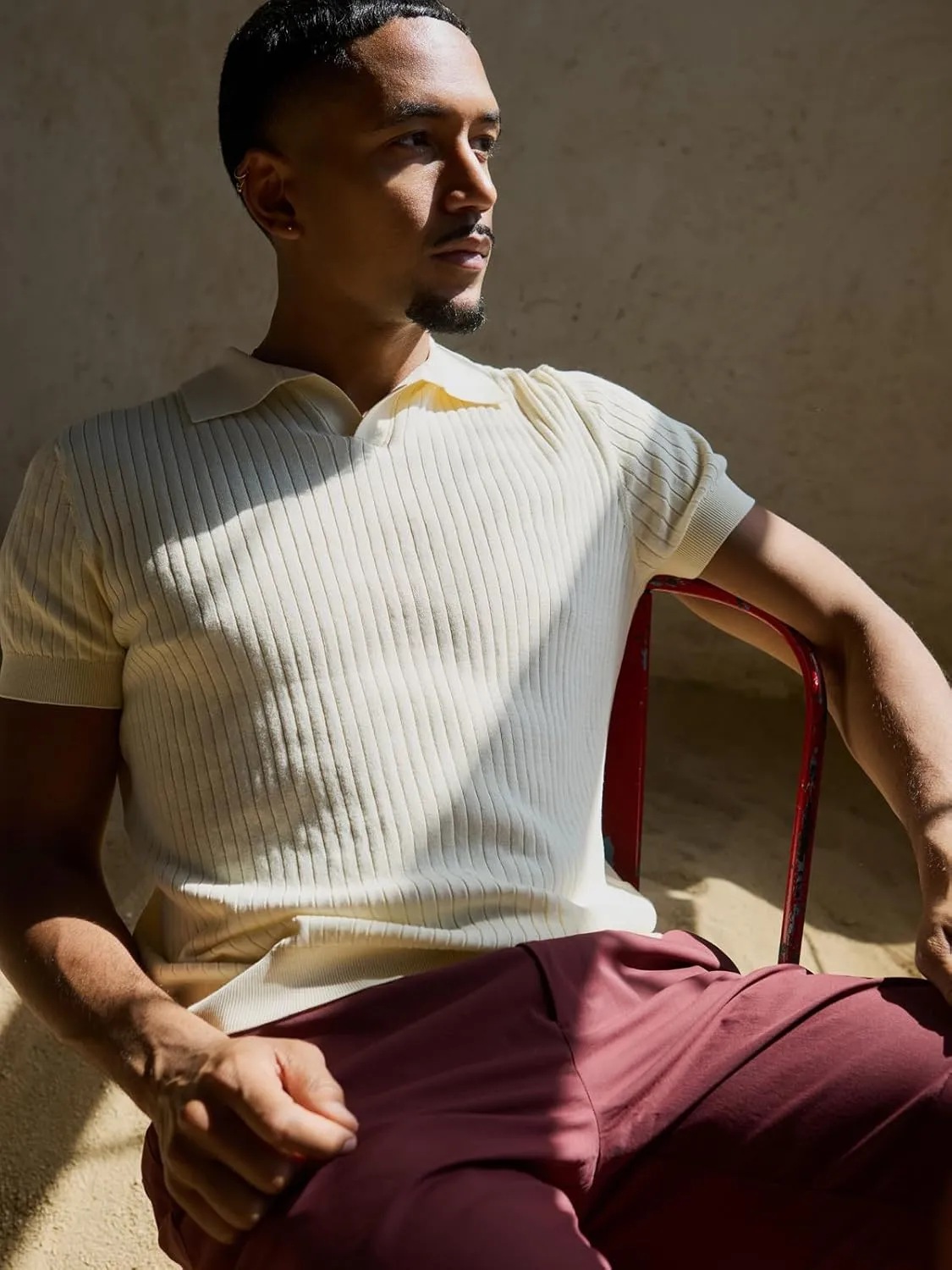 Pure BCI Cotton Short Sleeve Polo Shirts for Men Johnny Collar Sweater High Twist Ribbed Knit Buttonless Top