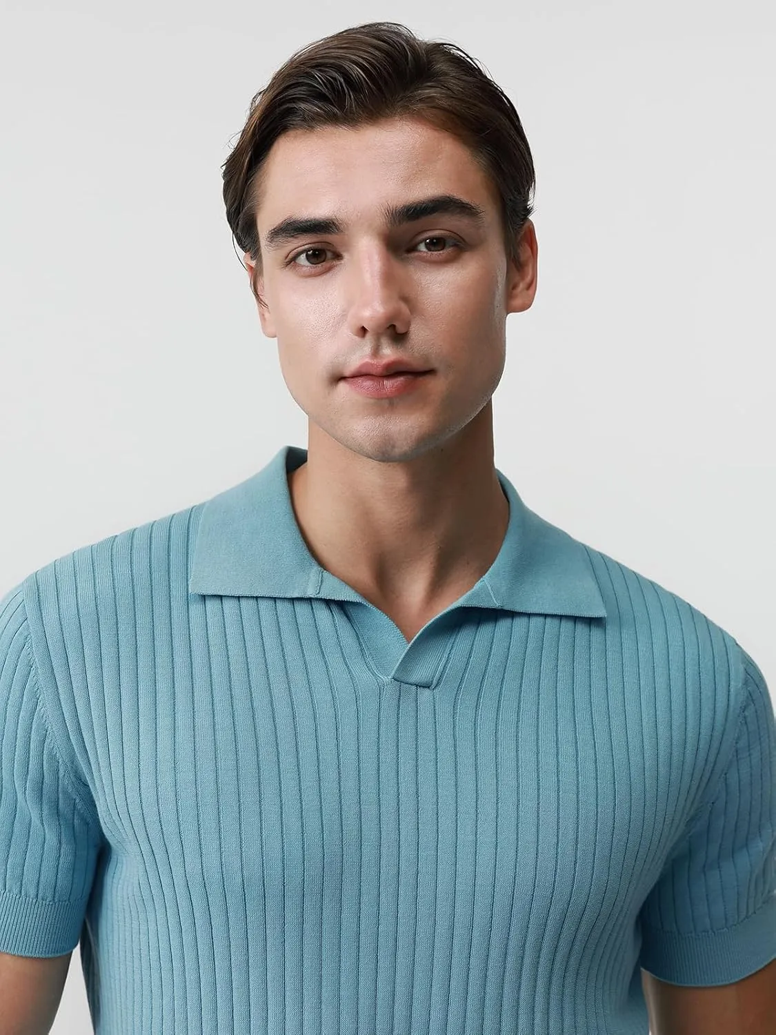 Pure BCI Cotton Short Sleeve Polo Shirts for Men Johnny Collar Sweater High Twist Ribbed Knit Buttonless Top
