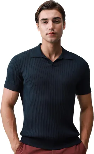 Pure BCI Cotton Short Sleeve Polo Shirts for Men Johnny Collar Sweater High Twist Ribbed Knit Buttonless Top