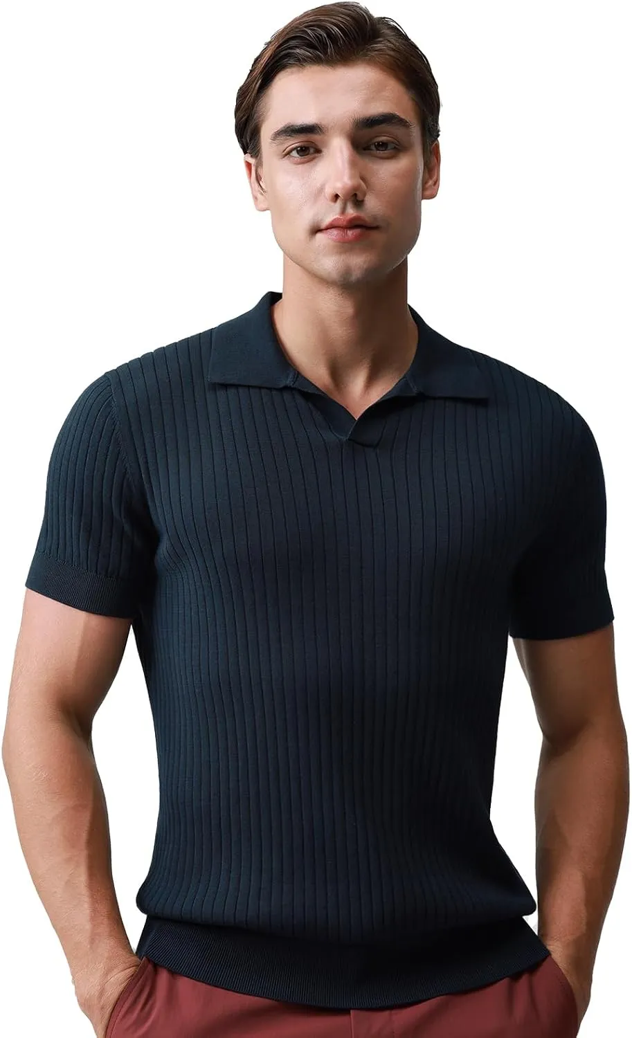 Pure BCI Cotton Short Sleeve Polo Shirts for Men Johnny Collar Sweater High Twist Ribbed Knit Buttonless Top