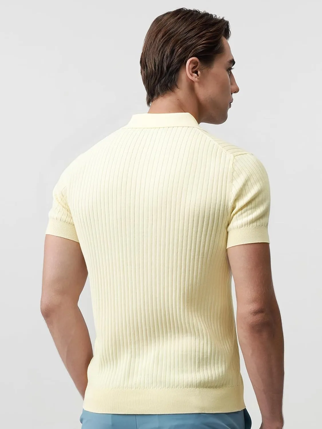 Pure BCI Cotton Short Sleeve Polo Shirts for Men Johnny Collar Sweater High Twist Ribbed Knit Buttonless Top