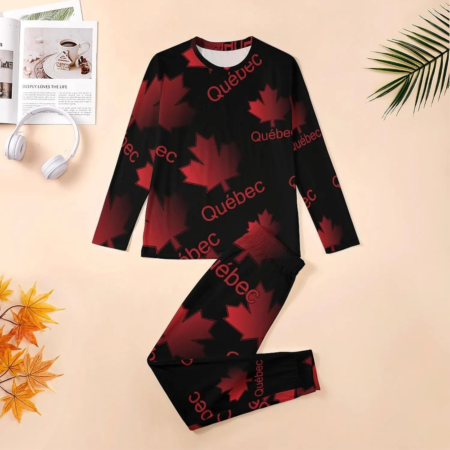 Quebec Maple Leaf Canada Mens Pajamas Set Comfort Long Sleeve Sleepwear Top & Pants 2 PCS Loungewear