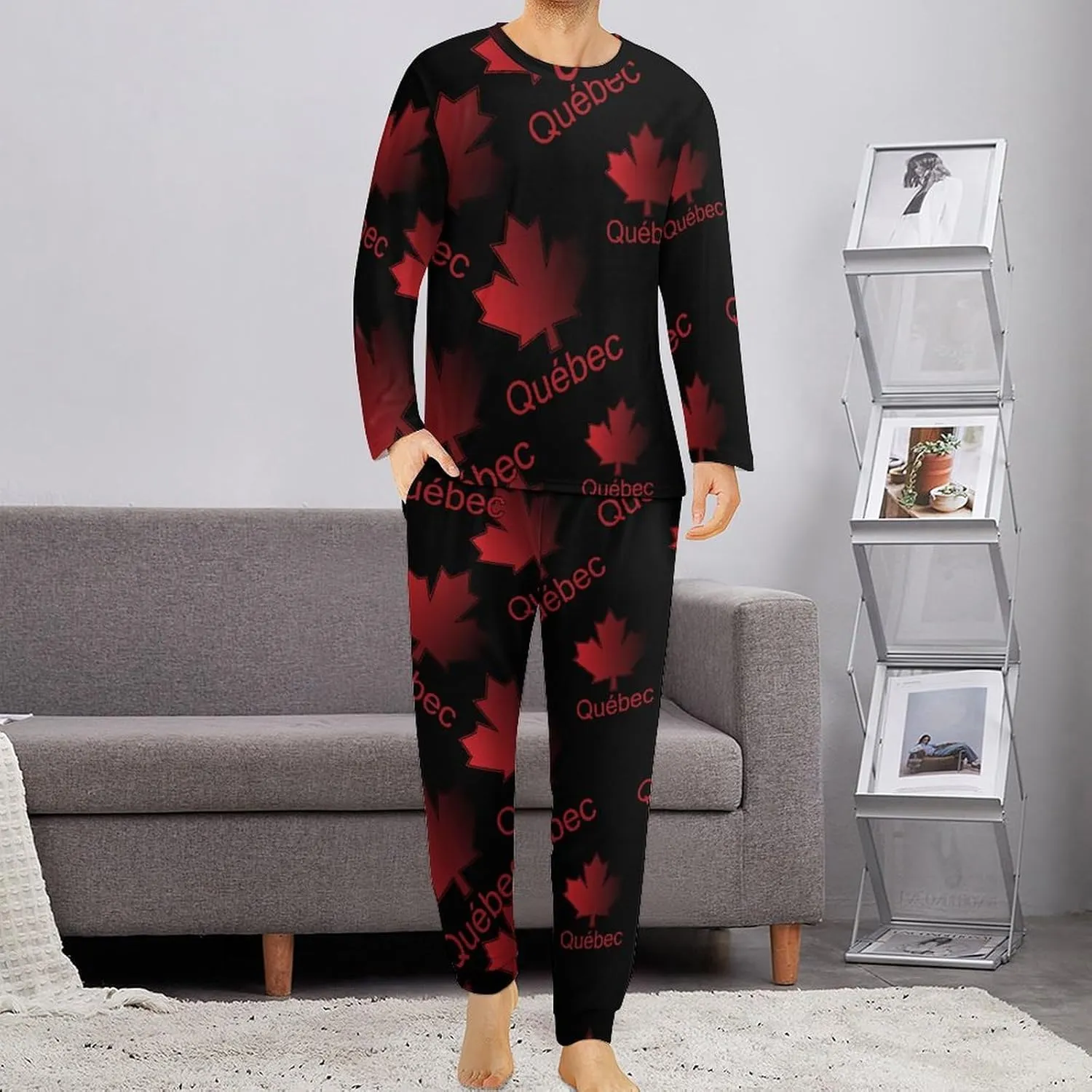 Quebec Maple Leaf Canada Mens Pajamas Set Comfort Long Sleeve Sleepwear Top & Pants 2 PCS Loungewear