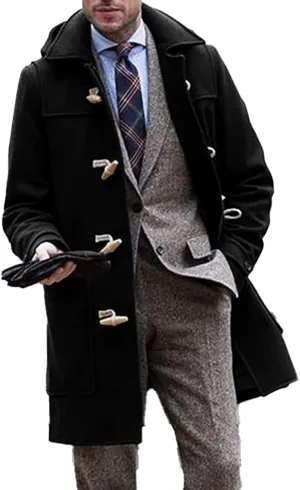 Raboolion Men's Duffle Lapel Trench Coat Windproof Hoodie Mid Long Thermal Overcoat for Fall Winter