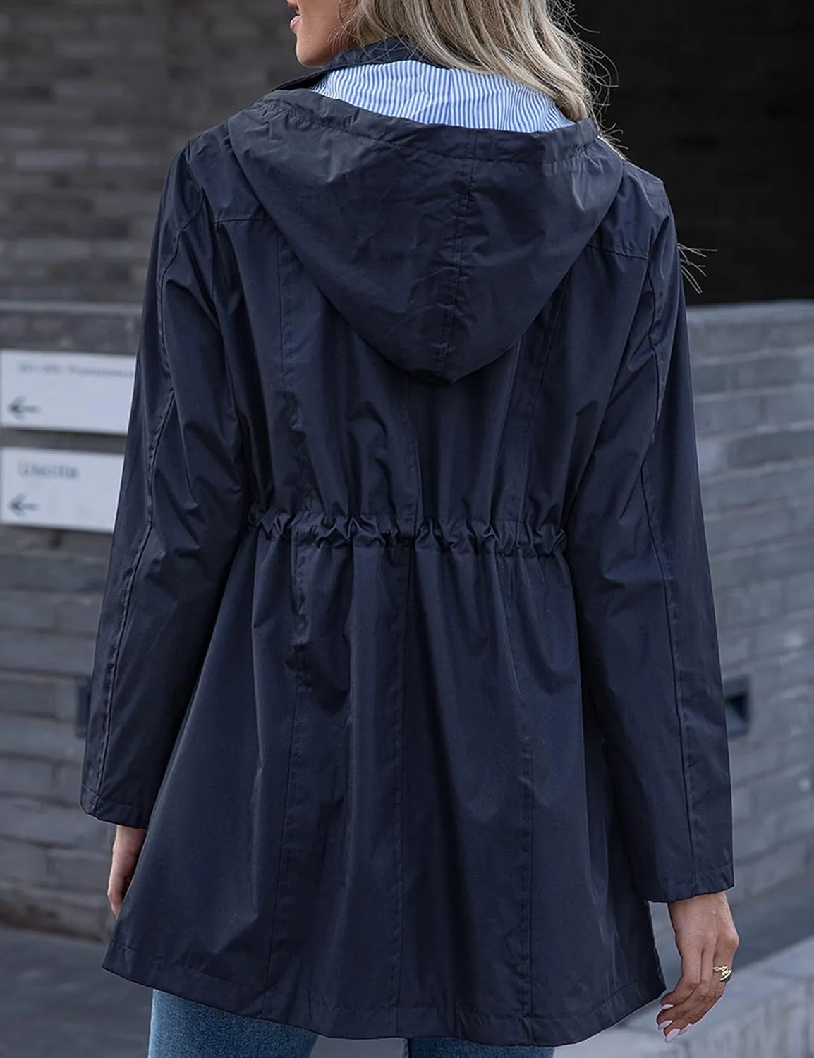 Rain Jacket Women Striped Lined Hooded Lightweight Raincoat Outdoor Waterproof Windbreaker