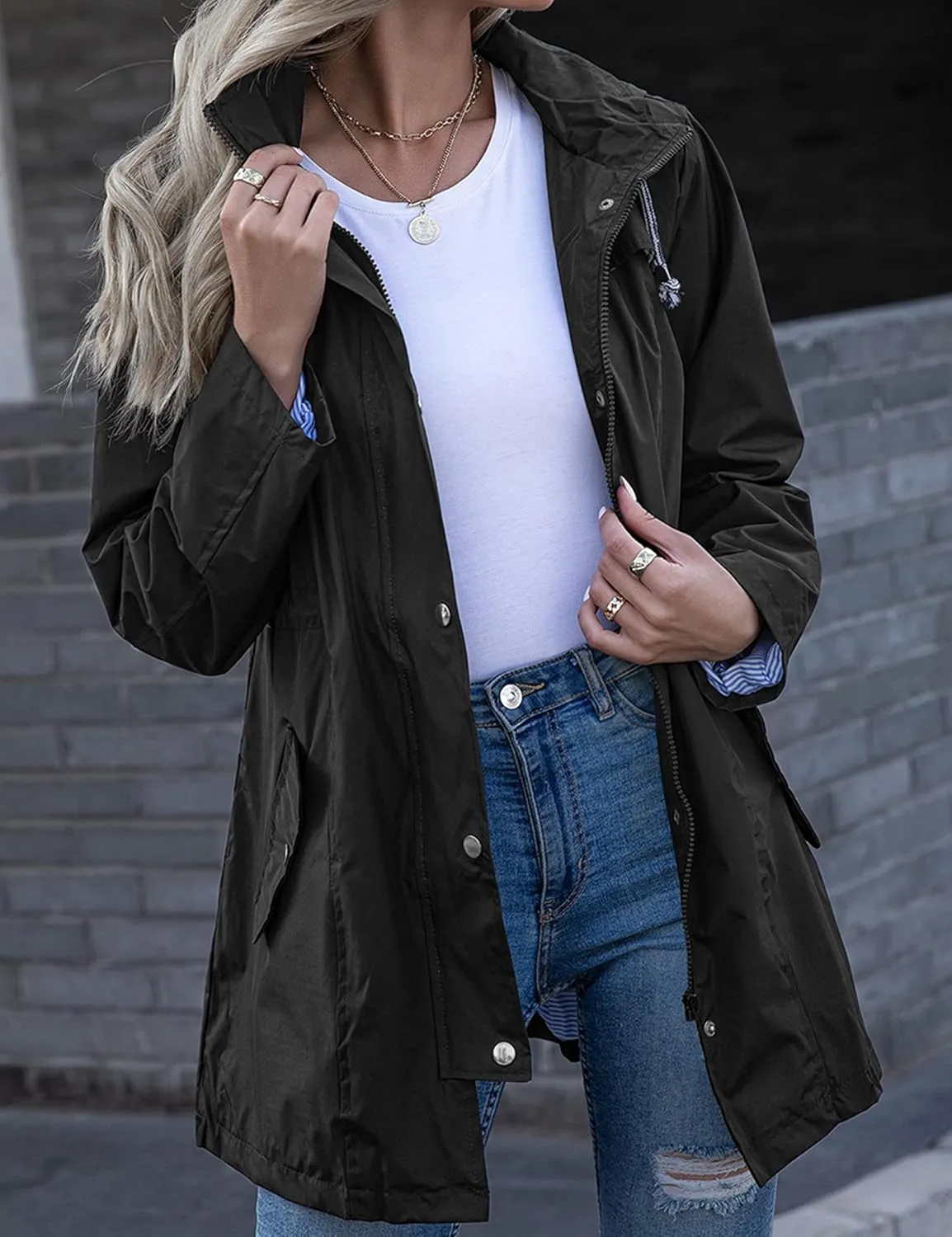Rain Jacket Women Striped Lined Hooded Lightweight Raincoat Outdoor Waterproof Windbreaker