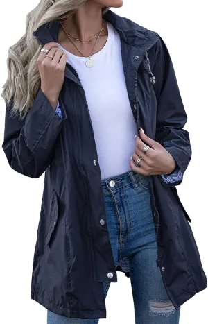 Rain Jacket Women Striped Lined Hooded Lightweight Raincoat Outdoor Waterproof Windbreaker