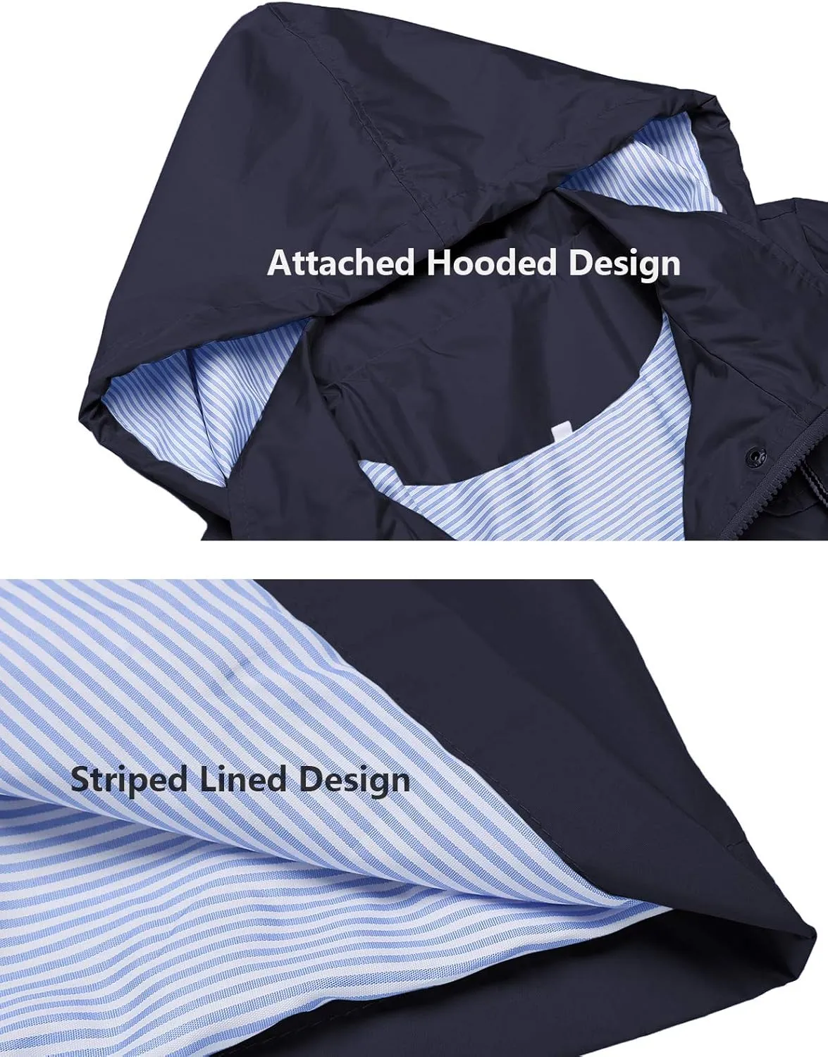 Rain Jacket Women Striped Lined Hooded Lightweight Raincoat Outdoor Waterproof Windbreaker
