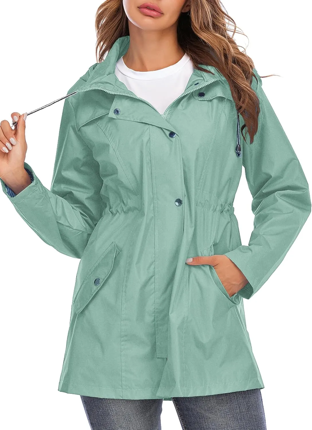 Rain Jacket Women Striped Lined Hooded Lightweight Raincoat Outdoor Waterproof Windbreaker