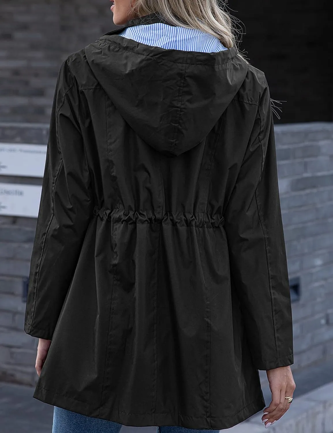Rain Jacket Women Striped Lined Hooded Lightweight Raincoat Outdoor Waterproof Windbreaker