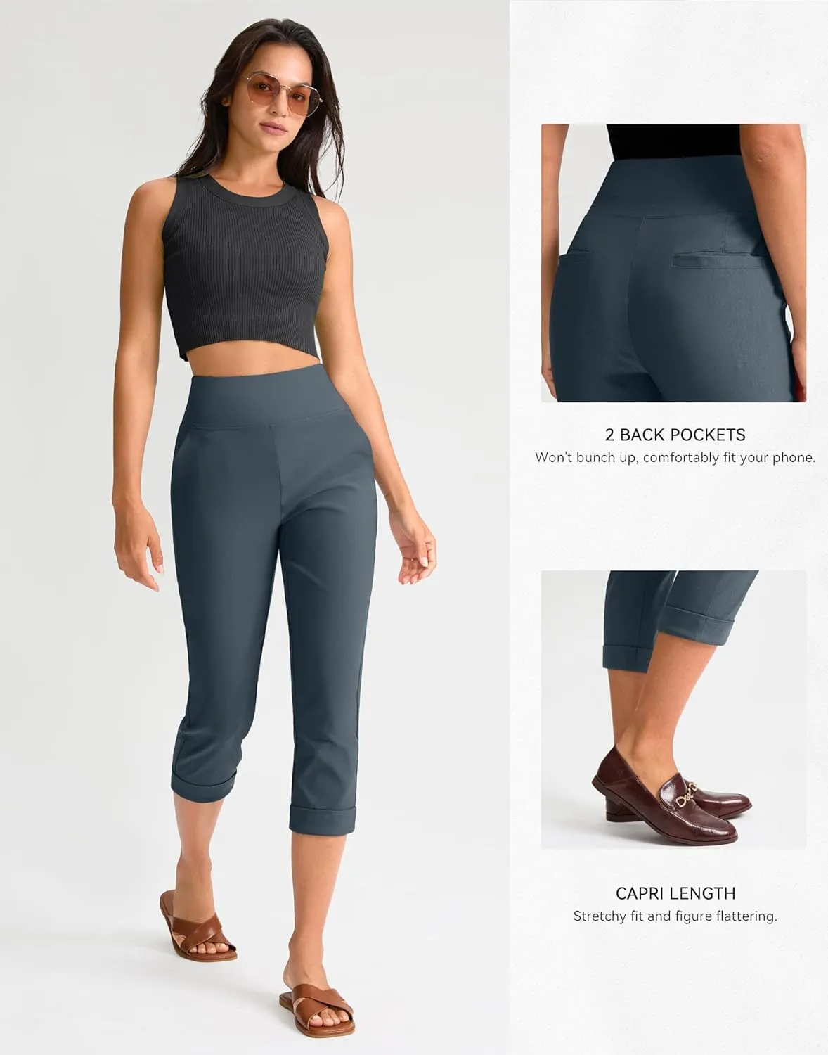 Rammus Pull On Capri Pants for Women with Pockets Womens High Waist Stretch Cropped Pants for Summer Dress Causal