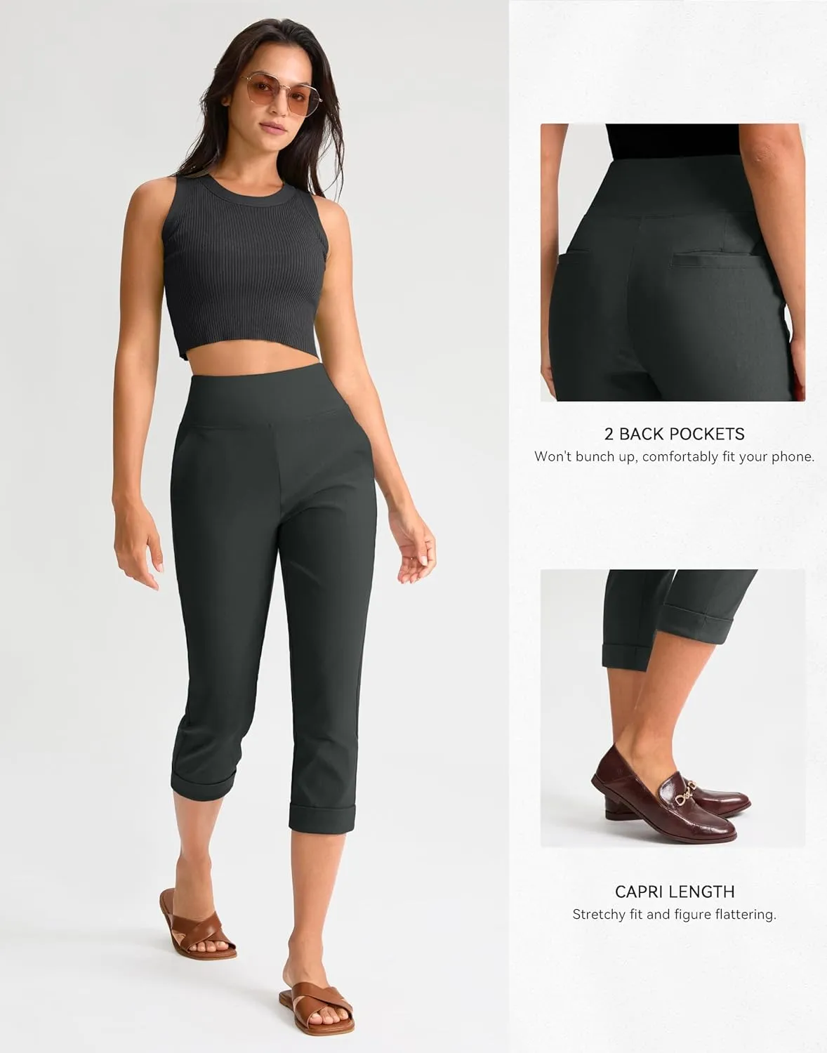 Rammus Pull On Capri Pants for Women with Pockets Womens High Waist Stretch Cropped Pants for Summer Dress Causal