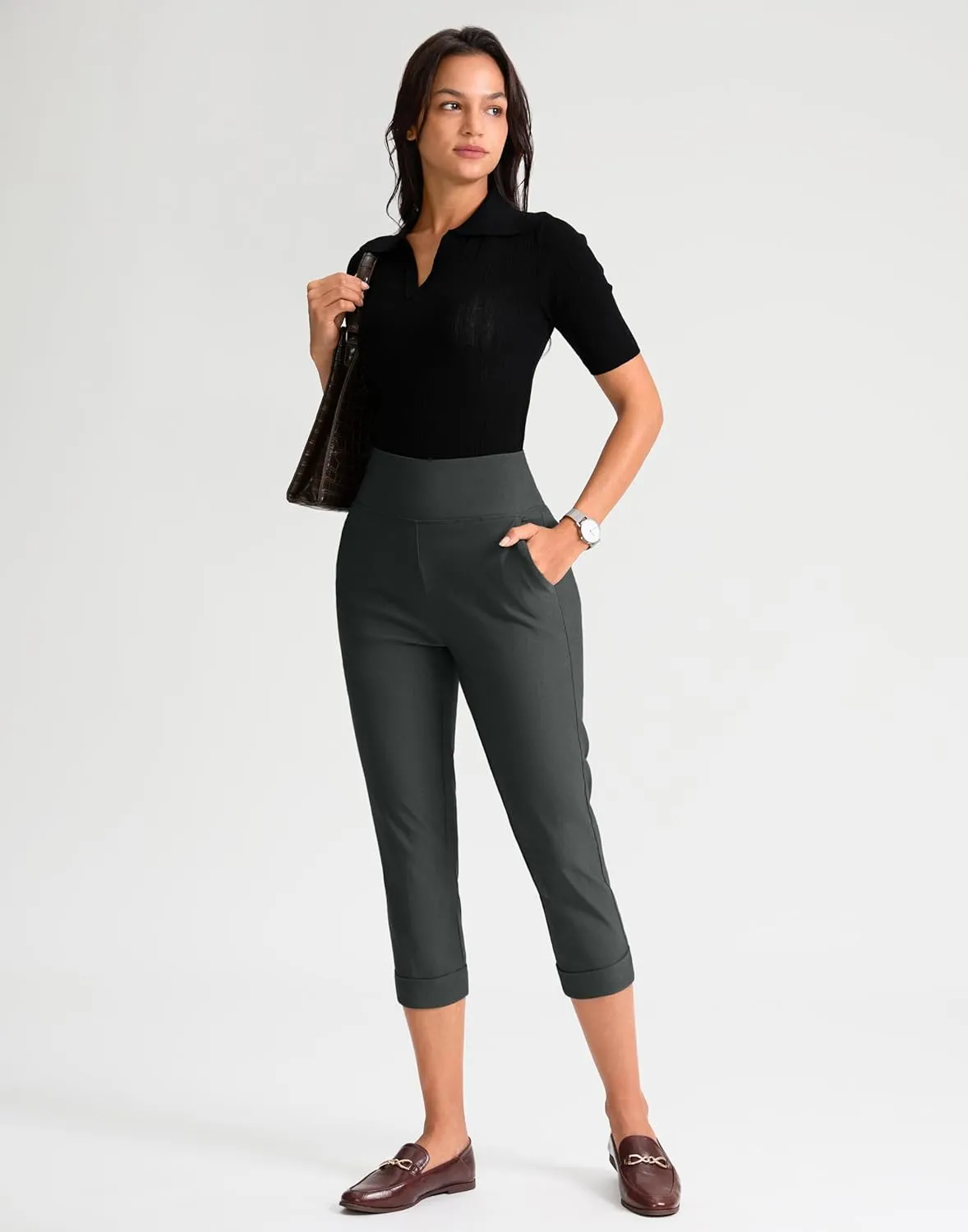 Rammus Pull On Capri Pants for Women with Pockets Womens High Waist Stretch Cropped Pants for Summer Dress Causal