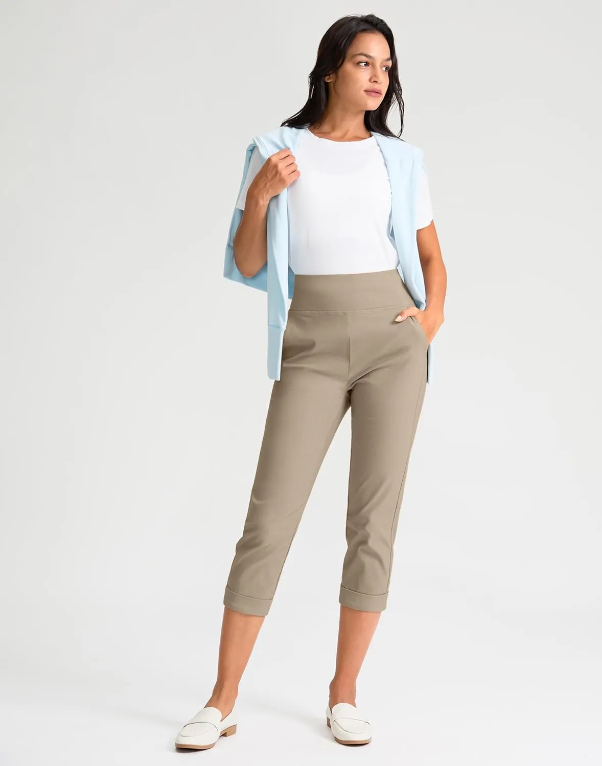 Rammus Pull On Capri Pants for Women with Pockets Womens High Waist Stretch Cropped Pants for Summer Dress Causal