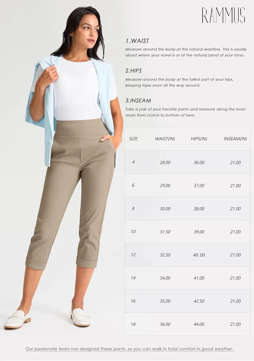 Rammus Pull On Capri Pants for Women with Pockets Womens High Waist Stretch Cropped Pants for Summer Dress Causal