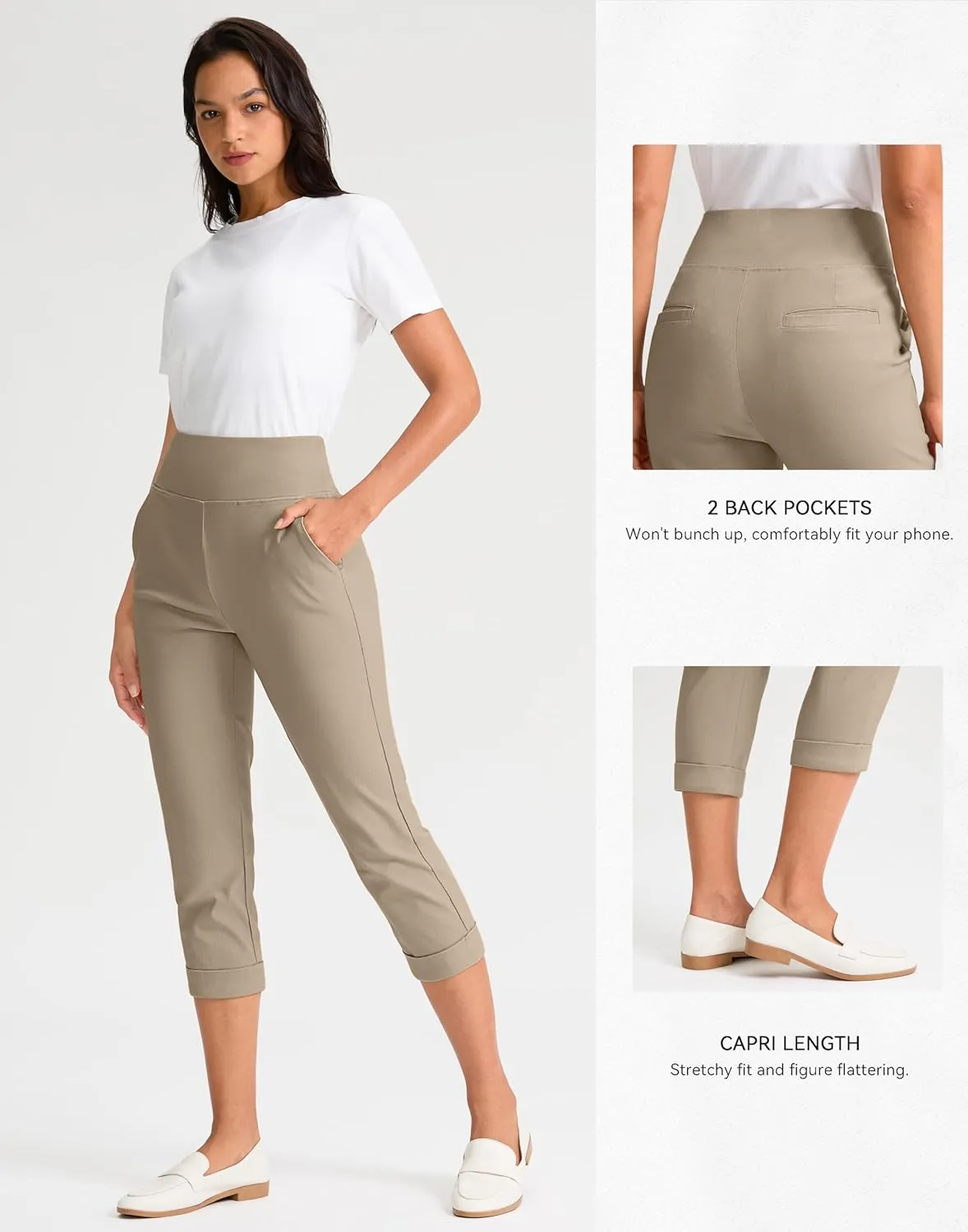 Rammus Pull On Capri Pants for Women with Pockets Womens High Waist Stretch Cropped Pants for Summer Dress Causal