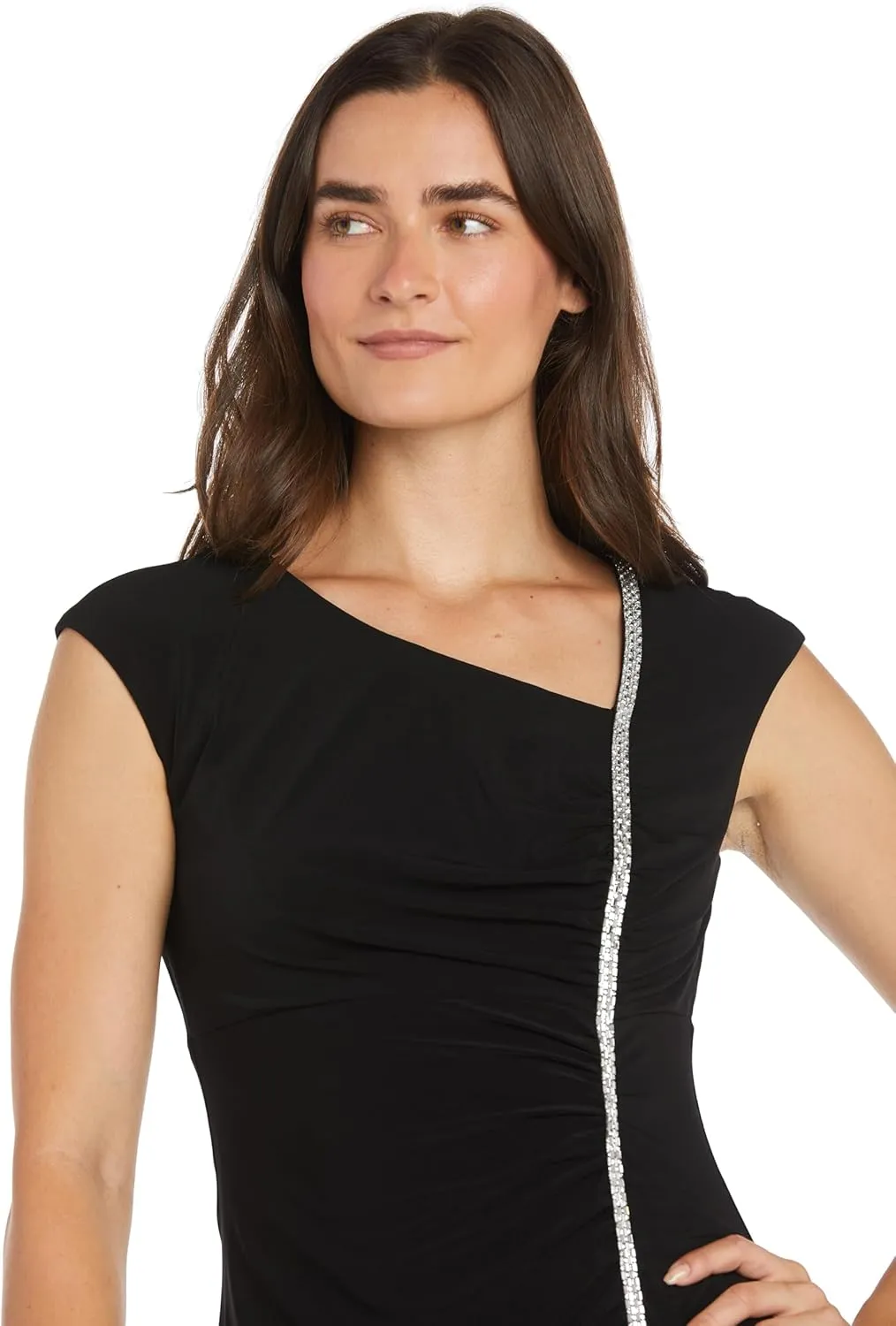R&M Richards Long Dress with Asymmetrical Neckline Rhinestone Trim & Front Slit