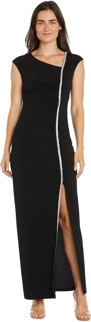 R&M Richards Long Dress with Asymmetrical Neckline Rhinestone Trim & Front Slit