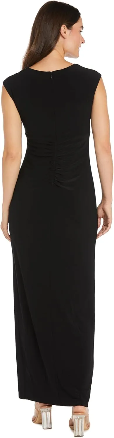 R&M Richards Long Dress with Asymmetrical Neckline Rhinestone Trim & Front Slit