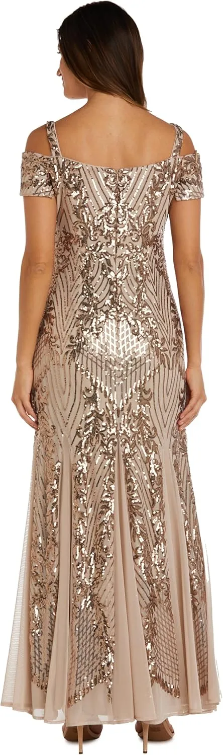 R&M Richards Womens Sequined Cold Shoulder Evening Dress
