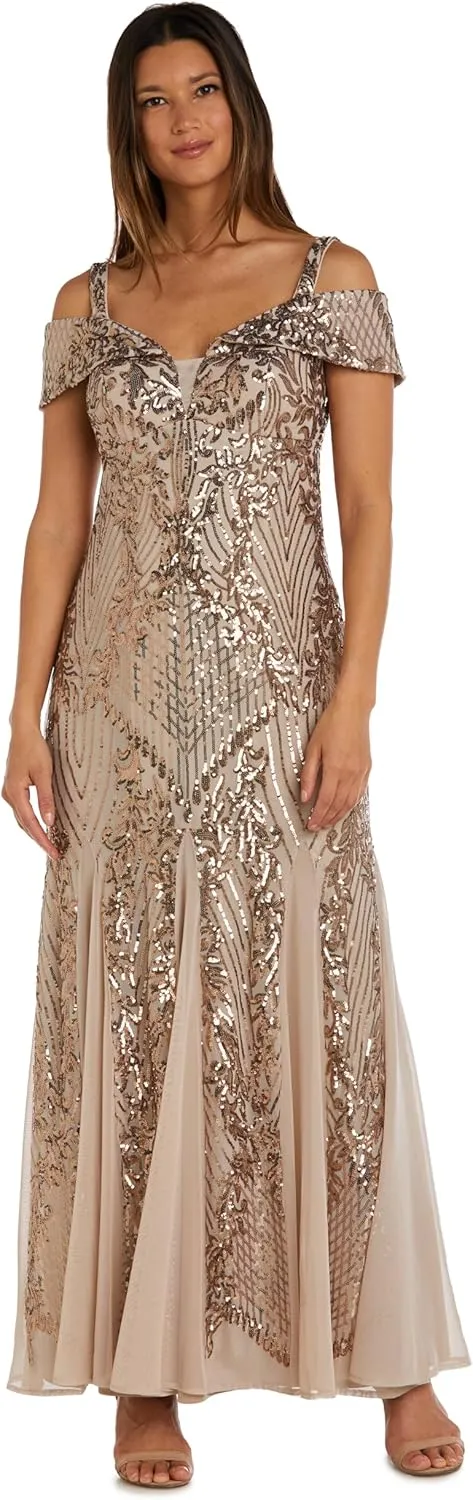 R&M Richards Womens Sequined Cold Shoulder Evening Dress