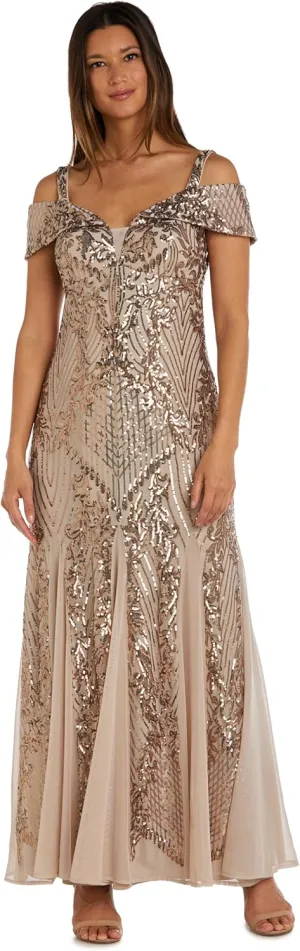 R&M Richards Womens Sequined Cold Shoulder Evening Dress