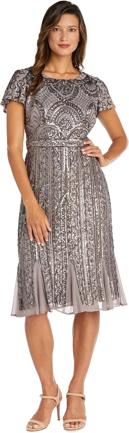 R&M Richards Women's Tea Length Beaded Mesh Gown W/Sequins Embellishments