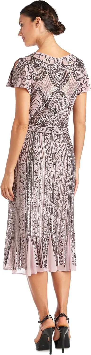 R&M Richards Women's Tea Length Beaded Mesh Gown W/Sequins Embellishments