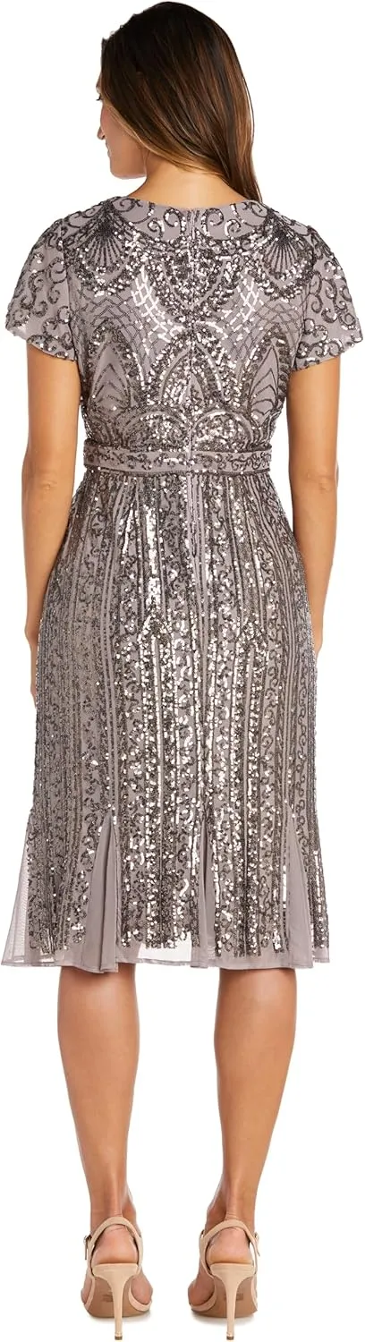 R&M Richards Women's Tea Length Beaded Mesh Gown W/Sequins Embellishments
