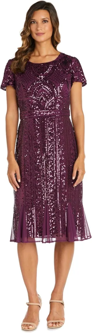 R&M Richards Women's Tea Length Beaded Mesh Gown W/Sequins Embellishments