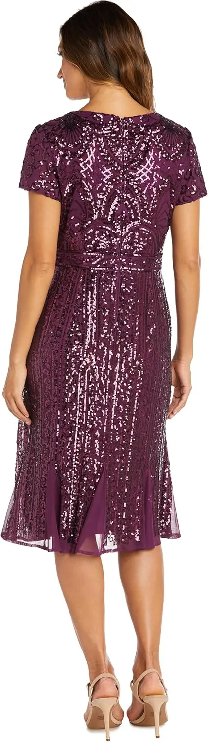 R&M Richards Women's Tea Length Beaded Mesh Gown W/Sequins Embellishments