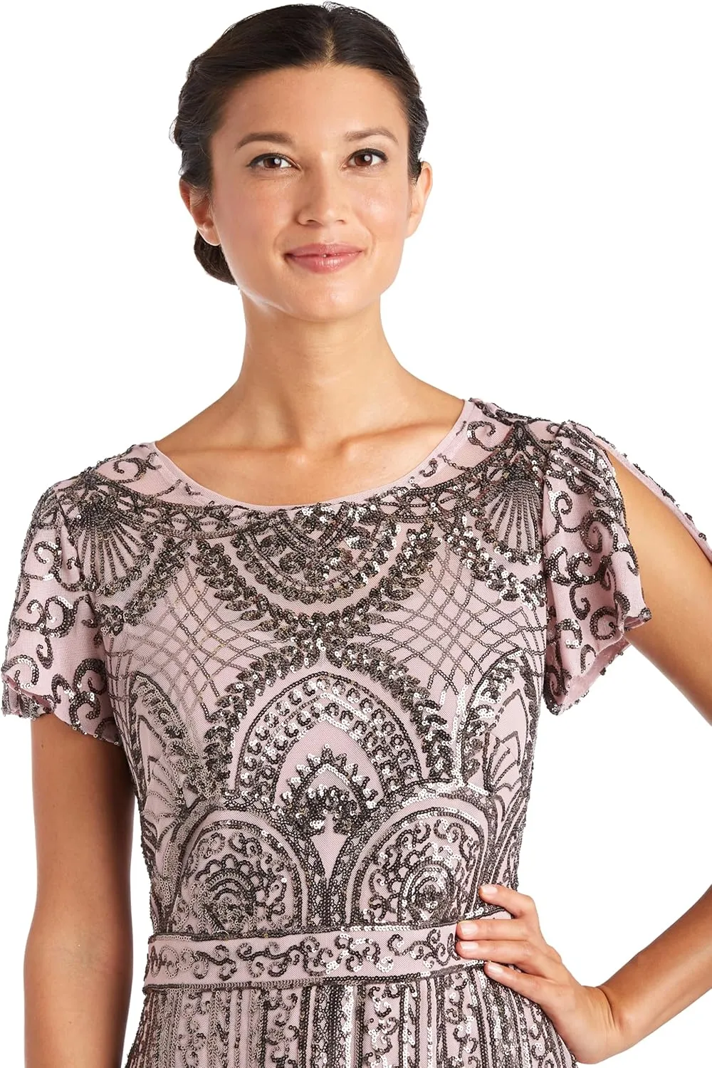 R&M Richards Women's Tea Length Beaded Mesh Gown W/Sequins Embellishments