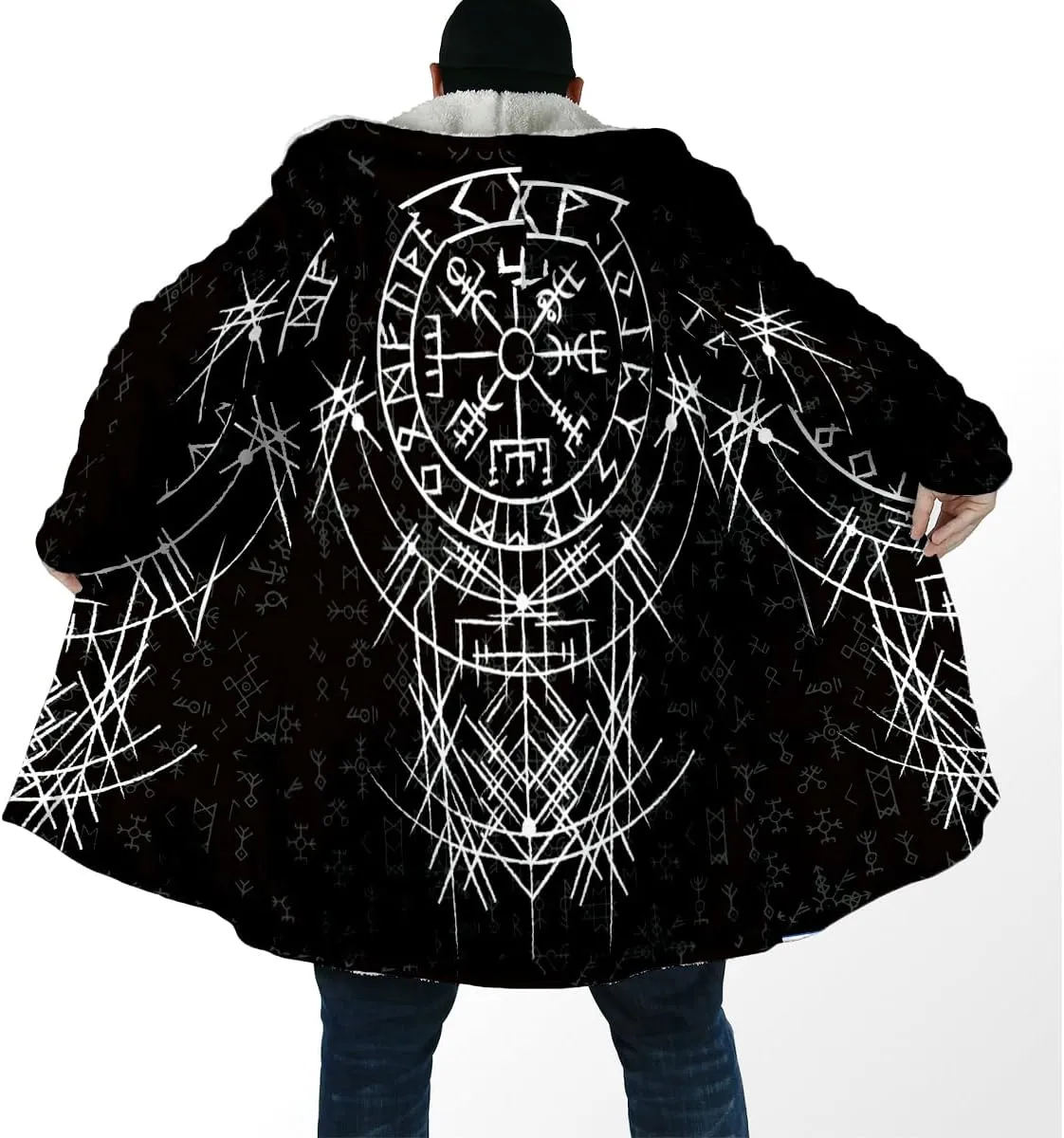 Raven Viking Tattoo Symbol 3D Printed Thick Warm Hooded Cloak Men Overcoat Windproof Fleece Jacket