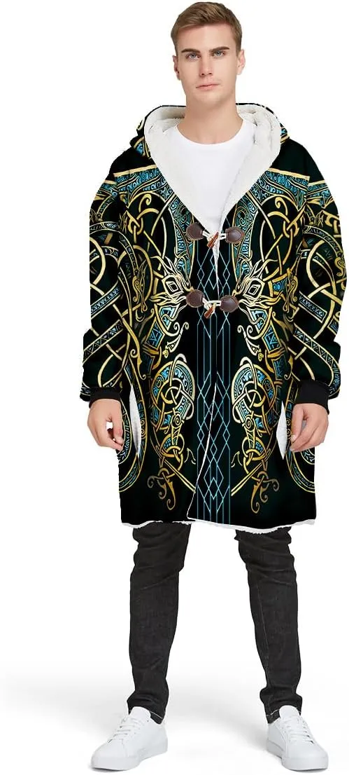 Raven Viking Tattoo Symbol 3D Printed Thick Warm Hooded Cloak Men Overcoat Windproof Fleece Jacket