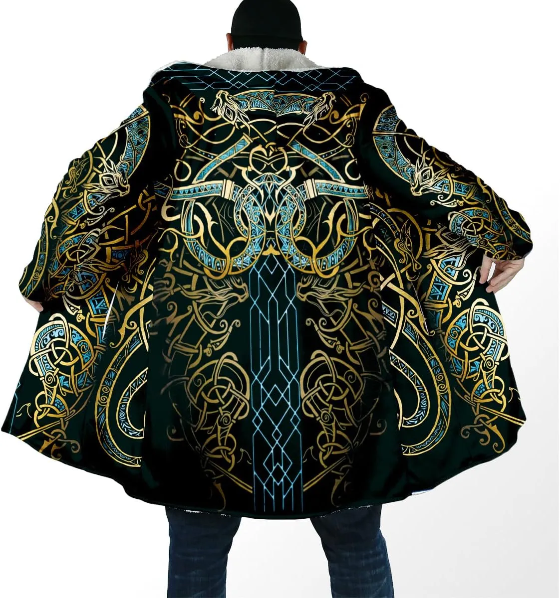 Raven Viking Tattoo Symbol 3D Printed Thick Warm Hooded Cloak Men Overcoat Windproof Fleece Jacket