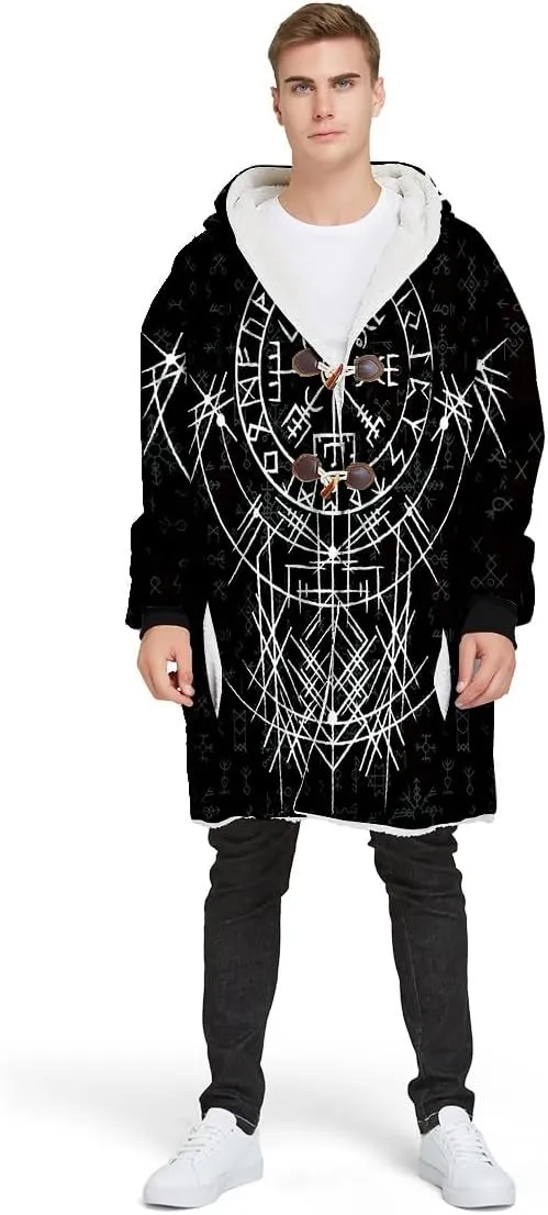 Raven Viking Tattoo Symbol 3D Printed Thick Warm Hooded Cloak Men Overcoat Windproof Fleece Jacket