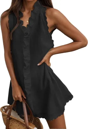 Ruffle Linen Mini Dress Women Summer Sleeveless V Neck Beach Sundress Casual Vacation Loose Short Shift Tank Dress