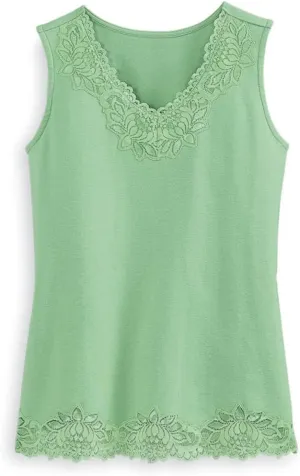 SAGEFINDS Lace Trim Tank | V Neck Top for Women | Dressy Summer Camisole | Sleeveless Cami | Soft 100% Cotton Shirt