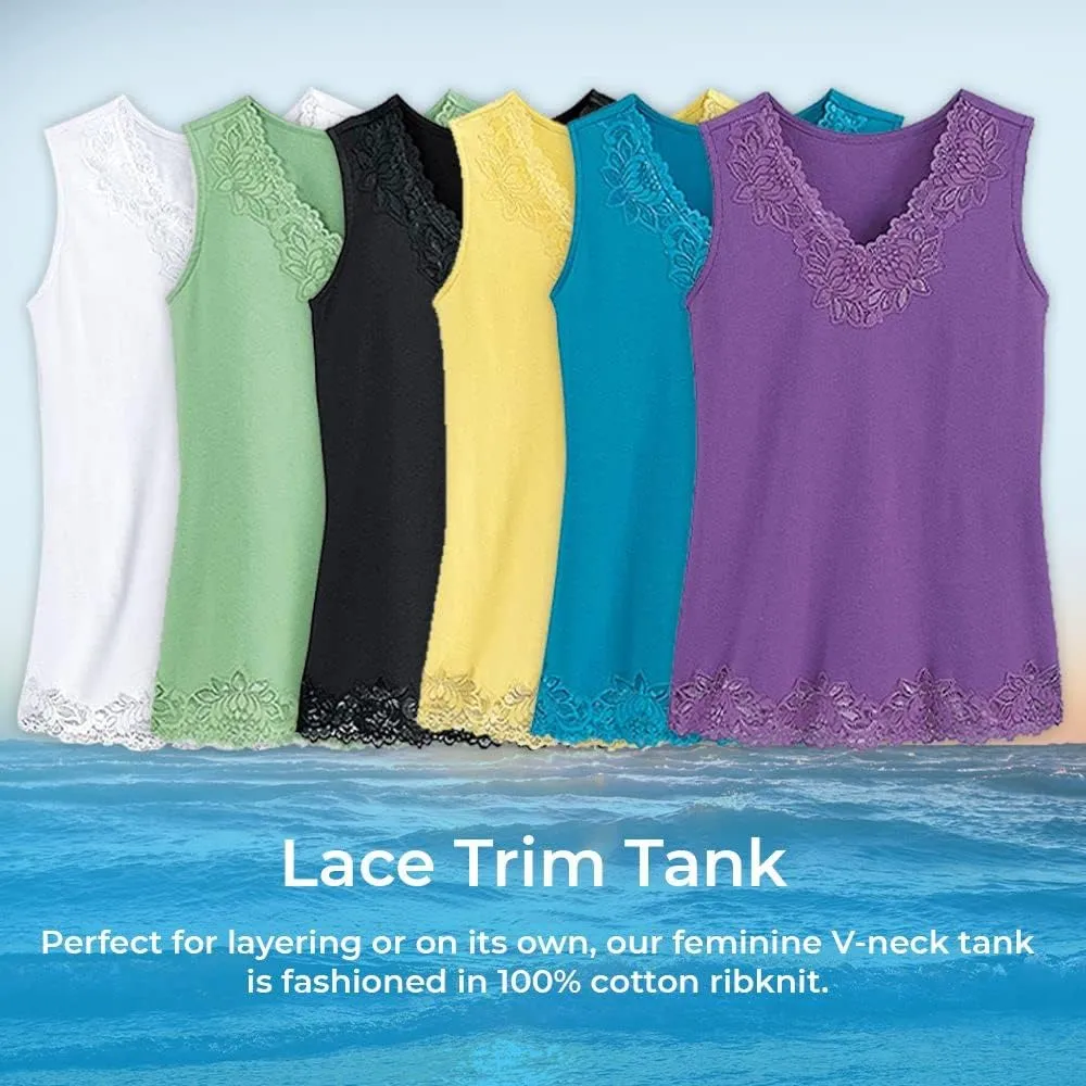 SAGEFINDS Lace Trim Tank | V Neck Top for Women | Dressy Summer Camisole | Sleeveless Cami | Soft 100% Cotton Shirt