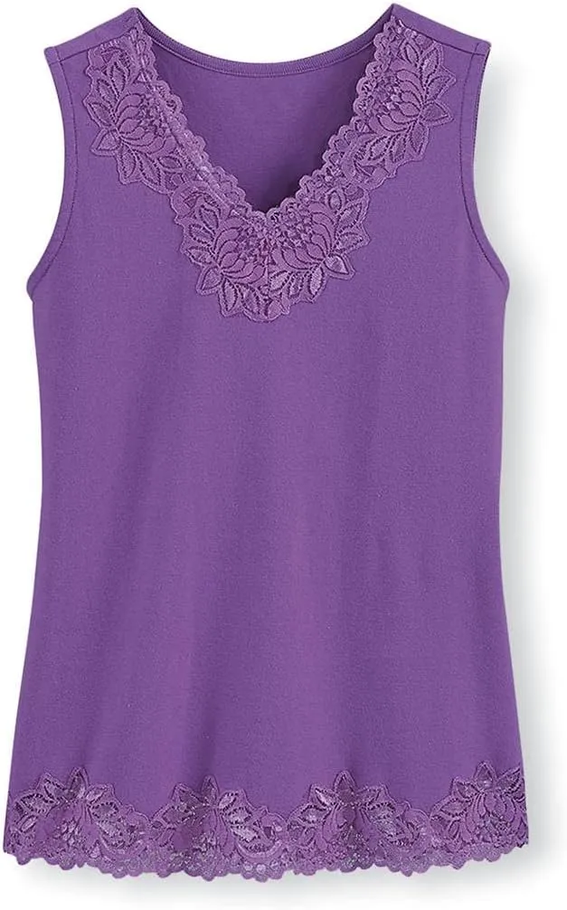 SAGEFINDS Lace Trim Tank | V Neck Top for Women | Dressy Summer Camisole | Sleeveless Cami | Soft 100% Cotton Shirt
