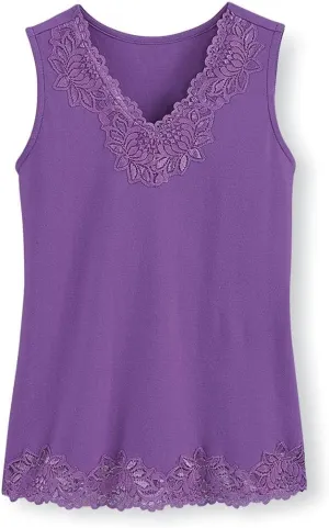 SAGEFINDS Lace Trim Tank | V Neck Top for Women | Dressy Summer Camisole | Sleeveless Cami | Soft 100% Cotton Shirt