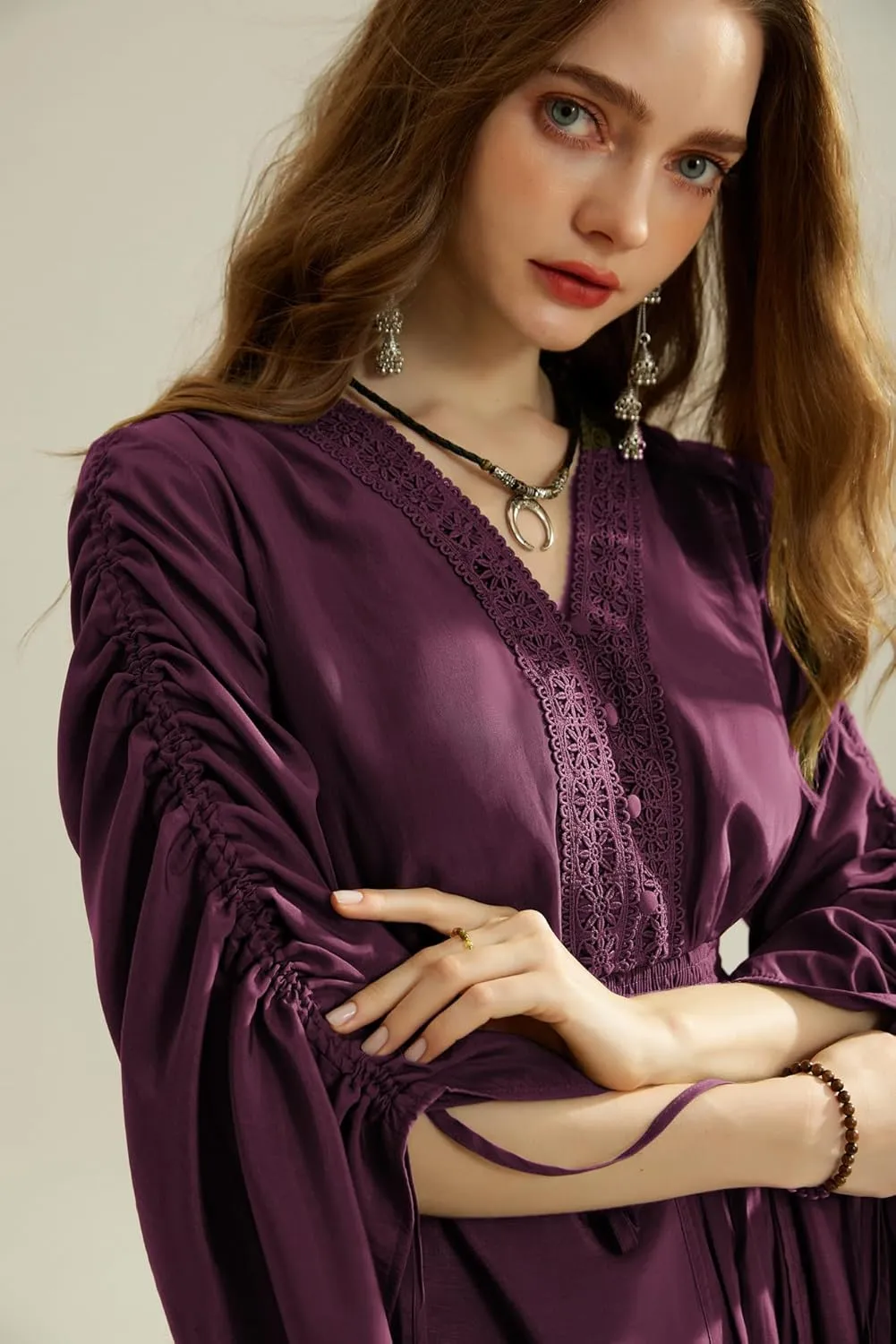 Scarlet Darkness Renaissance Costume Women Fairy Dress V Neck Drawstring Bell Sleeve Long Dress with Pockets