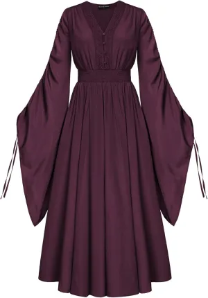 Scarlet Darkness Renaissance Costume Women Fairy Dress V Neck Drawstring Bell Sleeve Long Dress with Pockets