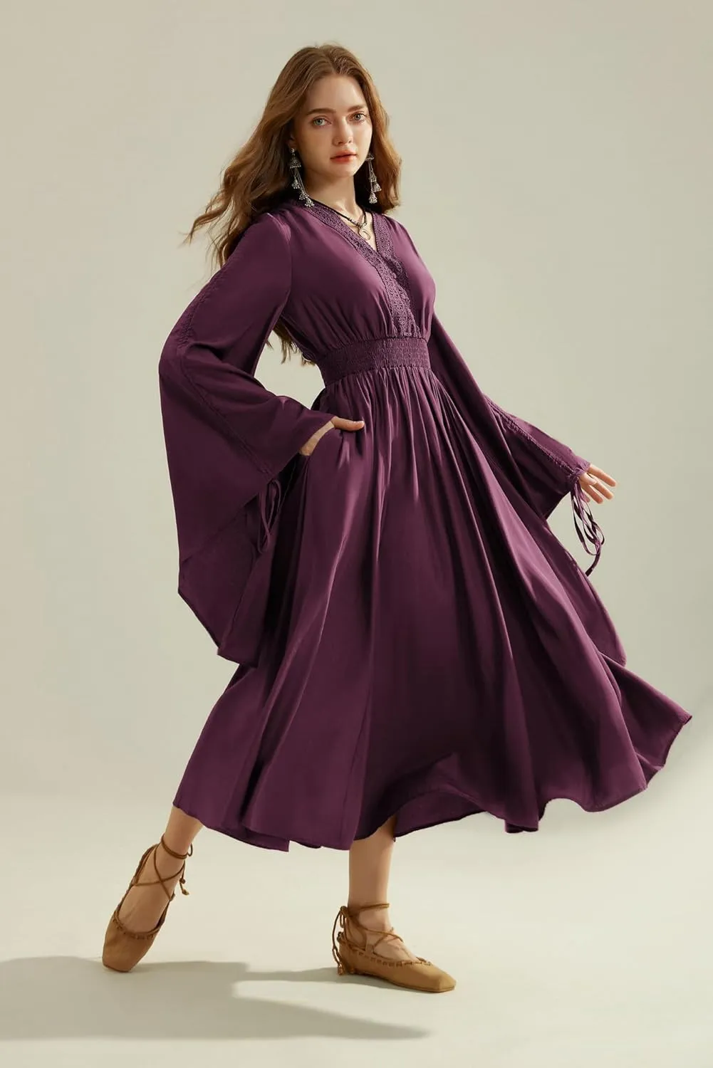 Scarlet Darkness Renaissance Costume Women Fairy Dress V Neck Drawstring Bell Sleeve Long Dress with Pockets