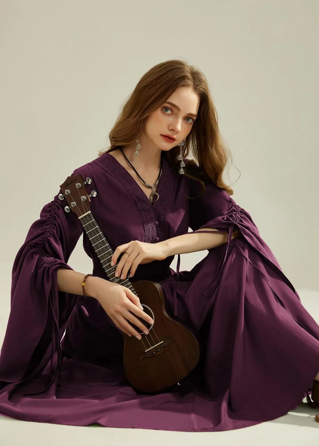 Scarlet Darkness Renaissance Costume Women Fairy Dress V Neck Drawstring Bell Sleeve Long Dress with Pockets