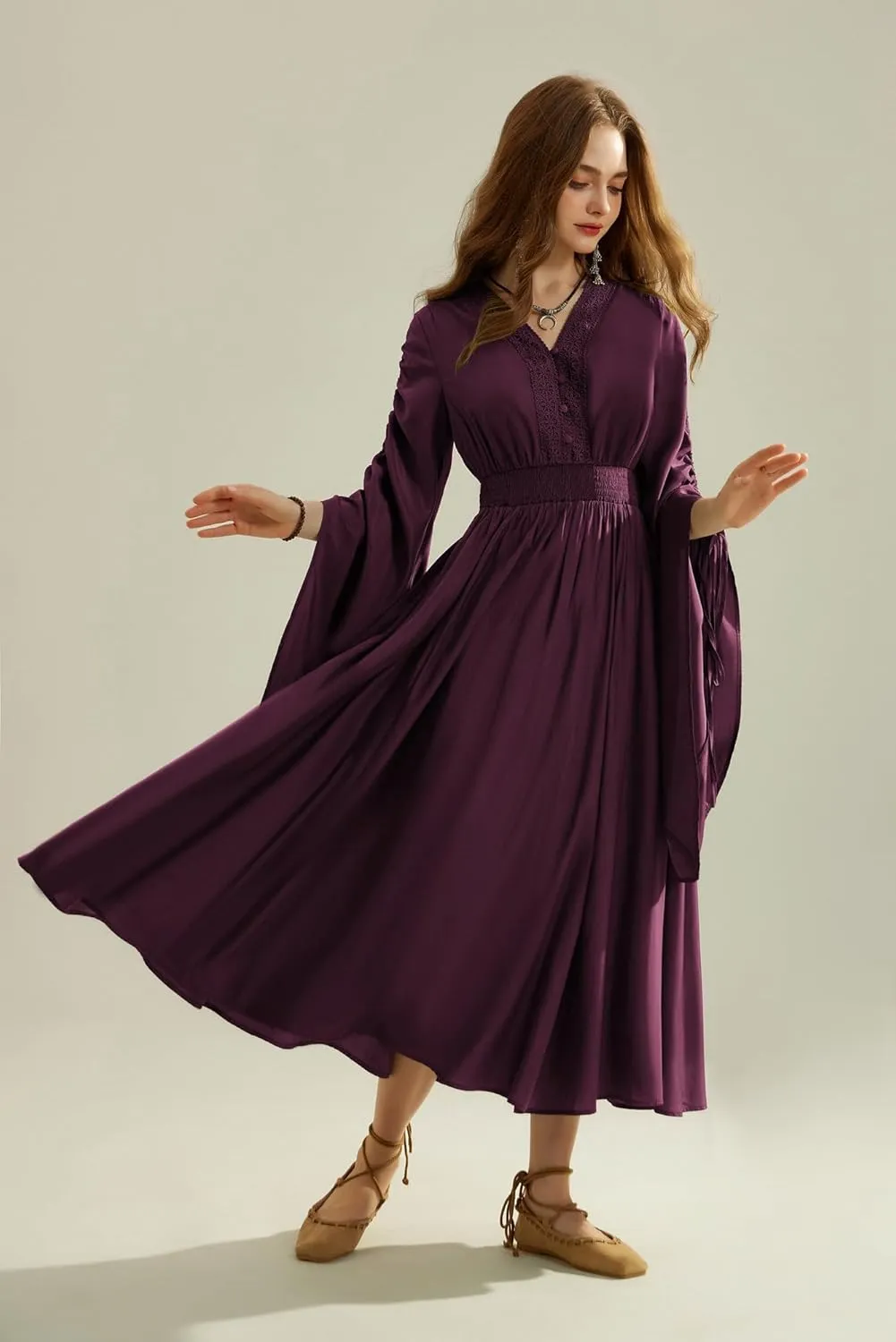 Scarlet Darkness Renaissance Costume Women Fairy Dress V Neck Drawstring Bell Sleeve Long Dress with Pockets