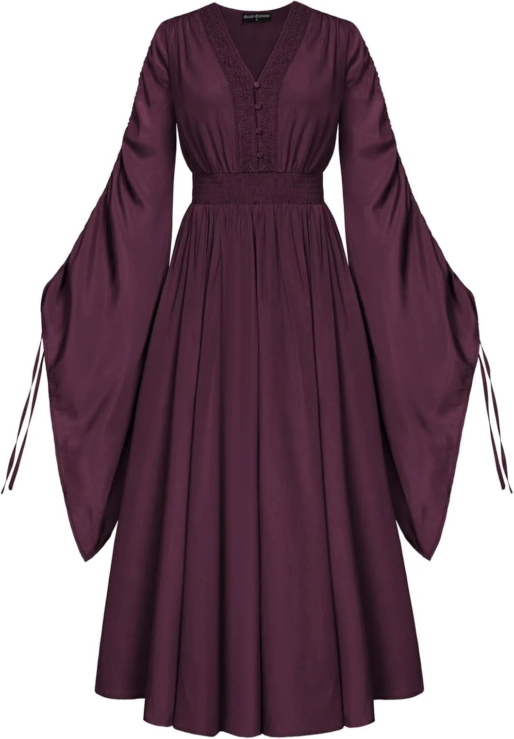 Scarlet Darkness Renaissance Costume Women Fairy Dress V Neck Drawstring Bell Sleeve Long Dress with Pockets
