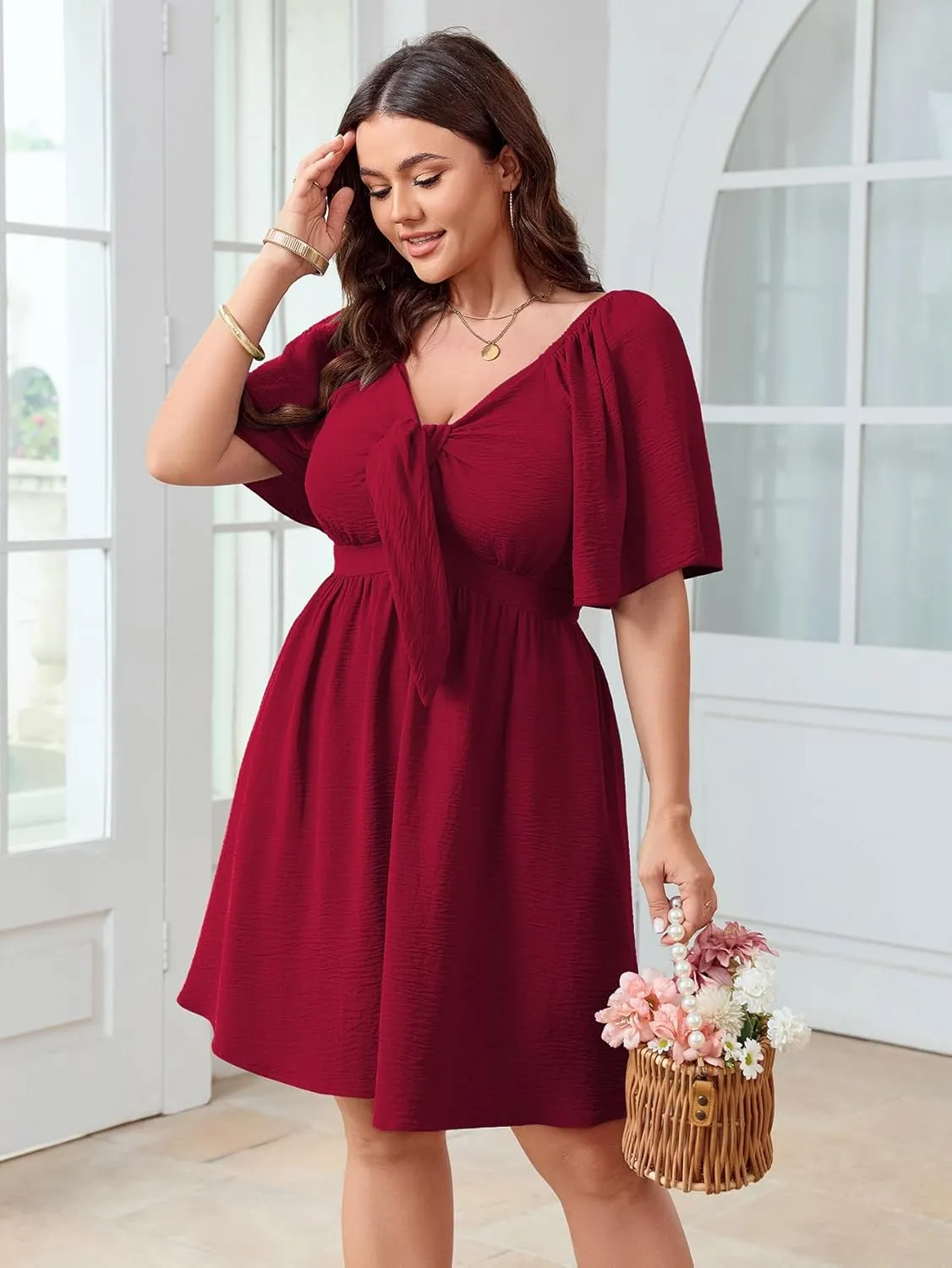 SCOMCHIC Womens Plus Size Summer Dresses Short Sleeve Bow Tie Deep V Neck Elegant Smocked Flowy A Line Mini Dress